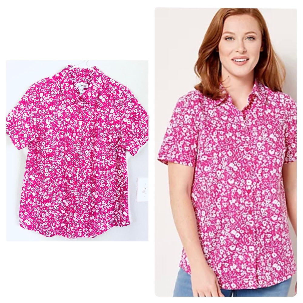 Denim & Co. Printed Button Front Shirt in Magenta Floral, Size M